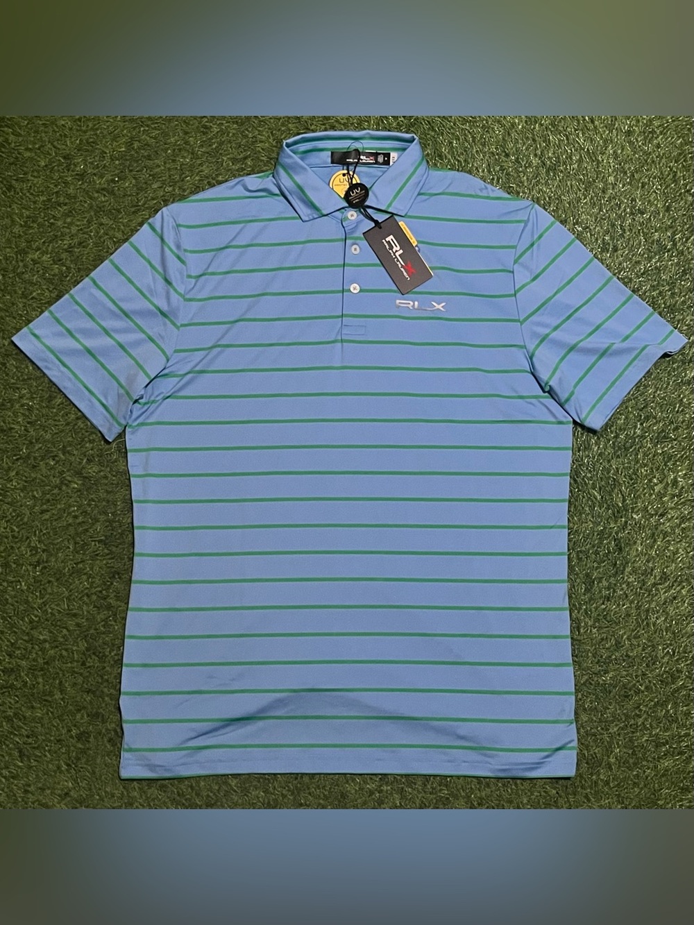 NWT RLX Ralph Lauren Performance Golf Striped Blue/Green Polo Shirt Men's Medium